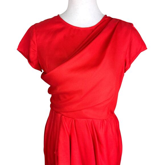 Julie Dillon Red Orange Textured Satin Crossover Sash Short Sleeve Sheath Dress - Picture 4 of 11